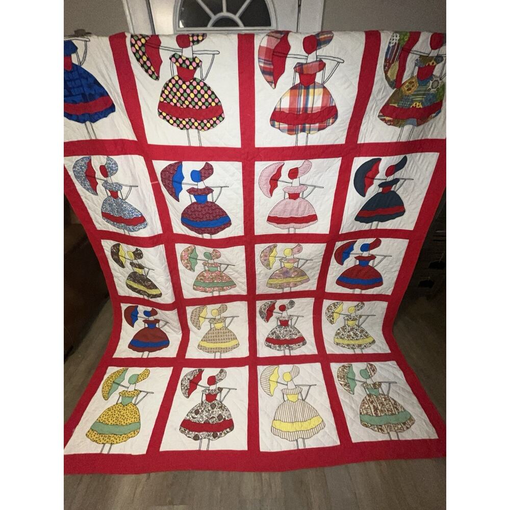 Southern Belle / Sunbonnet Sue Quilt Hand Quilted 76”x 99” Full / Queen Amazing